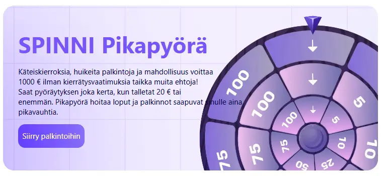 Spinni – Onnenpyörästä 5 000€ rahapalkinto Spinni – Onnenpyörästä 5 000€ rahapalkinto