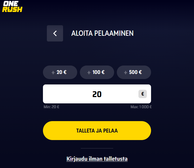 OneRush Casino talletus
